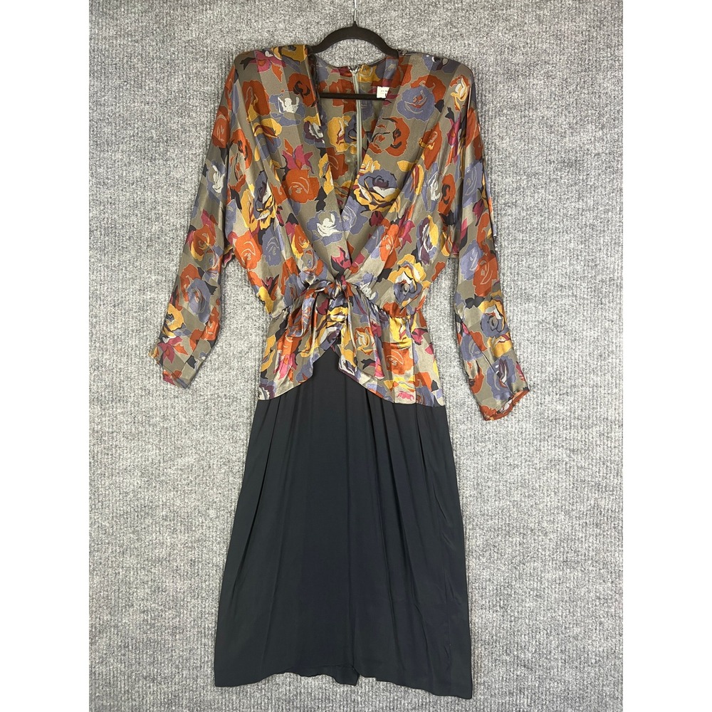 80s Dark Academia Floral Midi Dress Tie Waist Shoulder Pads Union Made 12